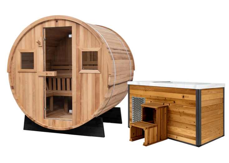 Extra-Wide Barrel Outdoor Sauna x Denali Cold Plunge – Sauna & Cold Therapy Combo - Best Cold Plunge Tubs - Patio Elegance